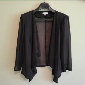 Light, open-front jacket in black sheer crepe.